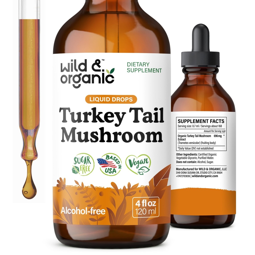 Wild & Organic Turkey Tail Mushroom Tasture - Dukungan Ammune Drops with Turkey Tail Extract - Liquid Mushroom Suplemen Gut Dut - Vegan, Sugar & Alcohol- Free - 4 fl oz