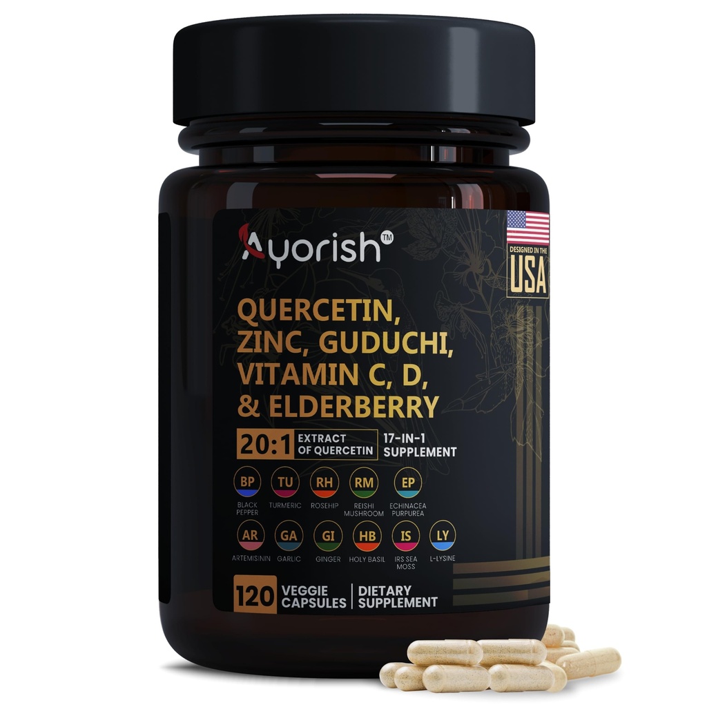 Quercetin Zinc Vitamin C Vitamin D Bromelain Elderberry - Lung Immune Duplemen Dewasa dengan Artemisinin, Moss Laut, Echinacea, Allergy Relief 120 Count