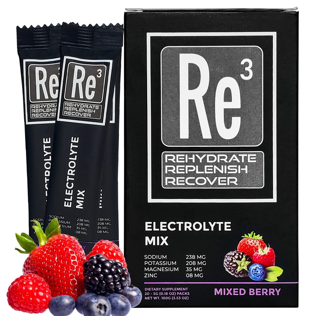 Re3 - Rehydrate - Replenish - Reclover Electrolite Powder Paket. No Sugar, 7 Cal, 1.4 Carbs. Mix Terbaik Vitamin dan Minetaria (Campuran Berry)