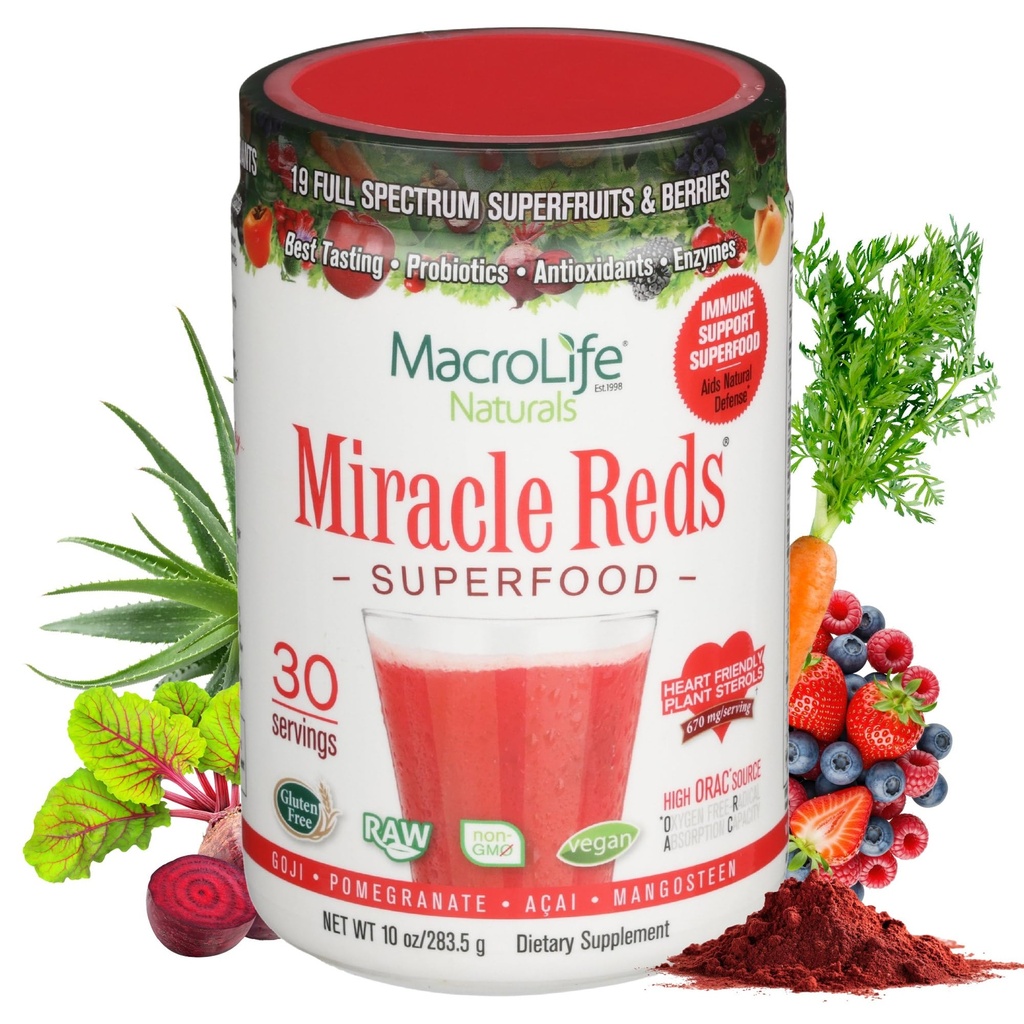 MacroLife Naturals Miracle Reds Superfood Powder Antioxidants Polyphenid Enzymes Progrees - Raw Non-GMO Organic Vegan Gluten & Dairy Free (30 Pelayan)