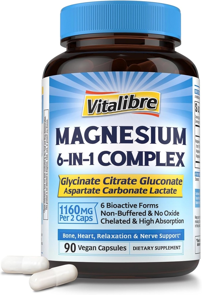 Suplemen Kompleks Magnesium 6 dalam 1, 11160mg Chelated Magnesium untuk Peledak Max, Bantuan dengan Better Sleep, Relaxation & Nerve Tenang, 90 Vegan Kapsul, Non GMO & Gluten Bebas
