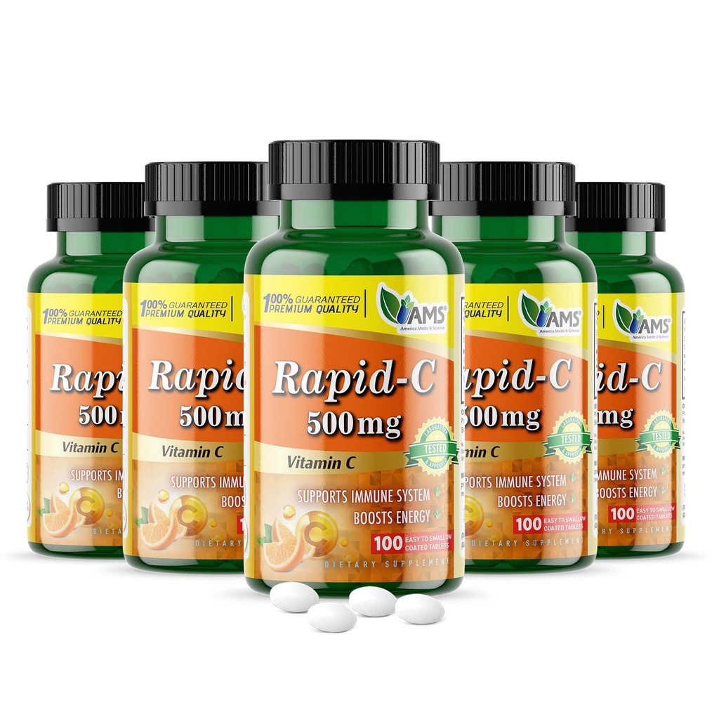 Amerika Medic & Science Rapid-C 500mg Vitamin C Suplemen 500 tablet (5 Paket 100 Tablet) Dukungan Sistem Ammune Harian, Antioksidant 14; Vegan, Non- GMO Dilapisi Accorbic Acid untuk Pria & Perempuan
