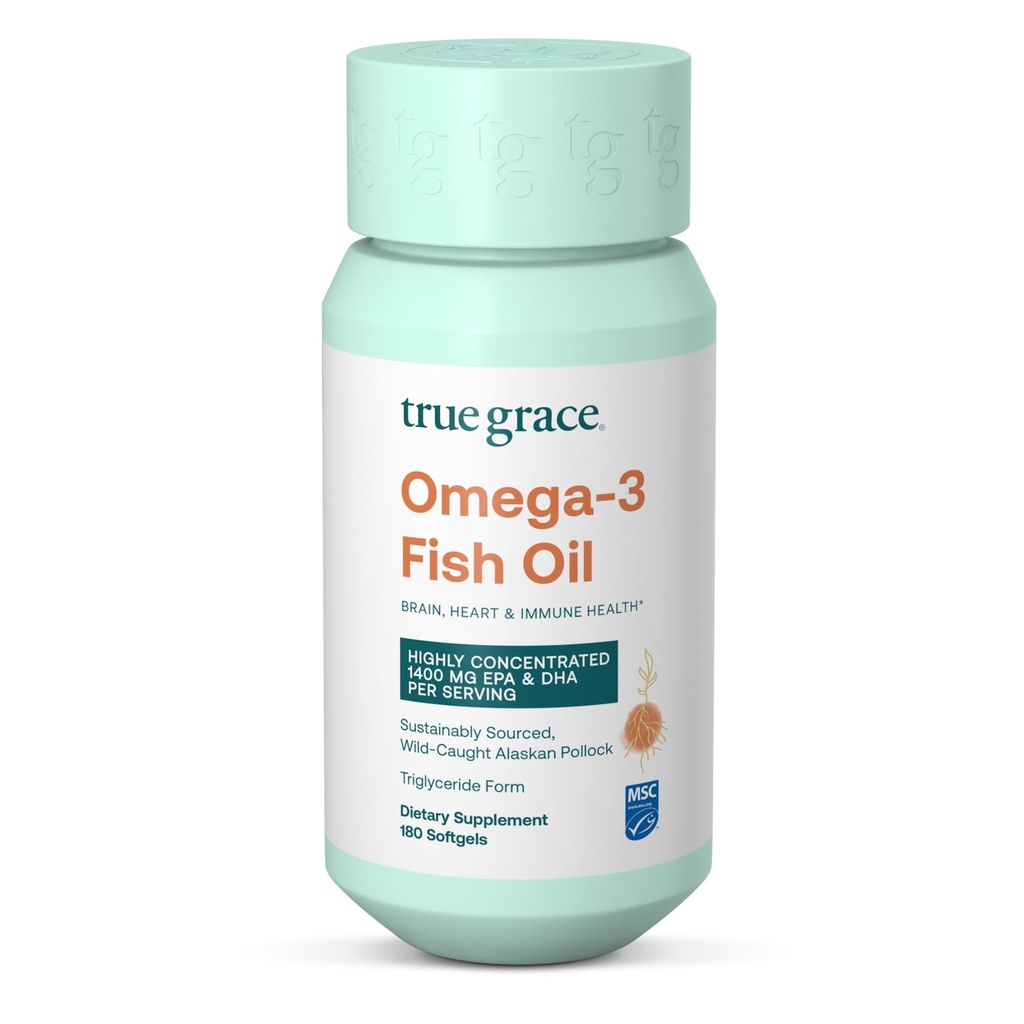 True Grace Omega-3 Fish Oil - 180 Softgels - 1400 mg EPA + DHA - Brain, Heart, Gabungan & Imune Kesehatan - Organik, Gluten Bebas, Soy Free