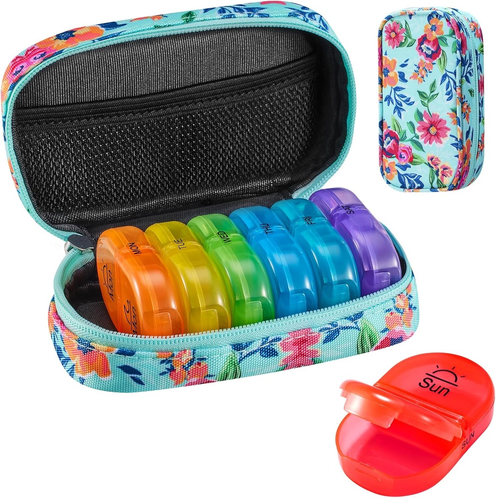 Serfeymi Weekly Travel Pill Organizer 2 Times A Day AM PM Upgraded Rainbow Pill Box 7 Day with Portable Ziper Case, Medicine Organizer for Pills, Vitamin, Fish Oils - Green 01