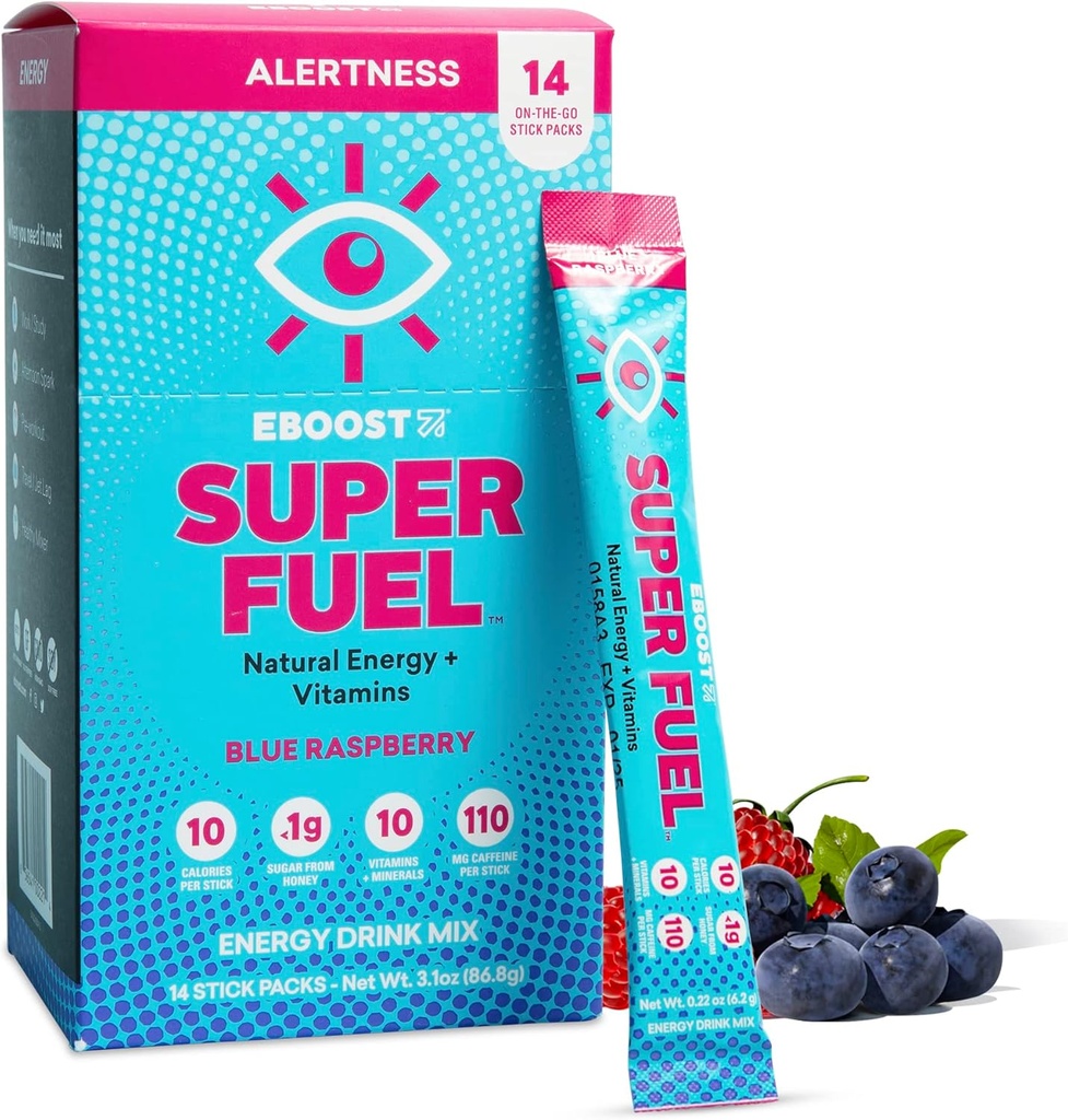 Bubuk minuman EBOST Energy, Super Fuel - Blue Raspberry, 14 Paket - sebelum Pembangkit Bubuk Energi Mix - Energi Alam, L-Tyrosine, L- Theanine & Vitamin - Latihan untuk Perempuan & Pria Pergi