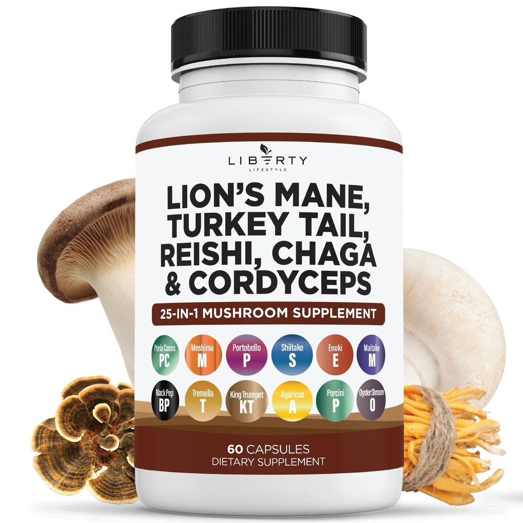 Lions Mane Mushroom Suplemen dengan Turkey Tail Reishi Cordyceps Chaga dengan Marshmallow Root - 1 - Pack