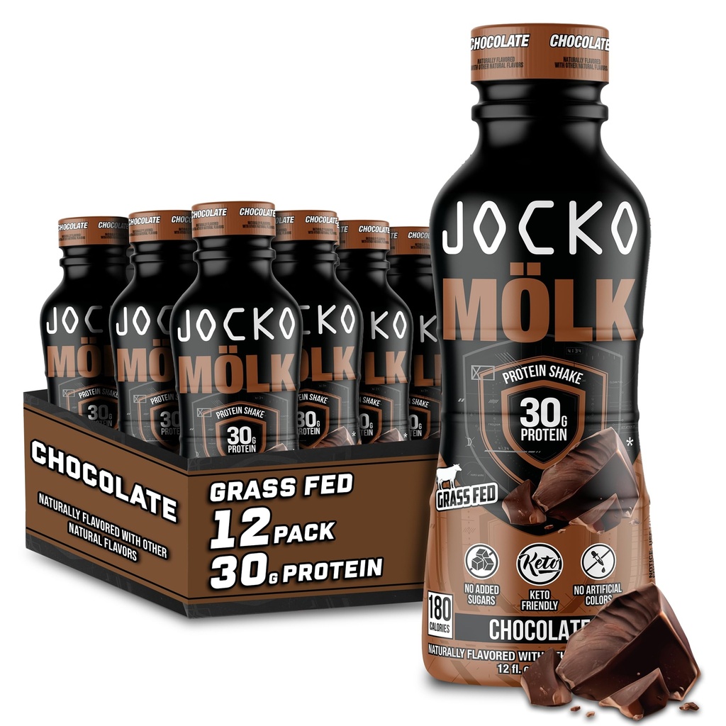 Jocko Mölk 30g Grass Fed Protein Shakes - No Added Sugar Protein Minuman KETO Friendly - Ready to Drink 12 FL Oz (Paket 12) Chocolate