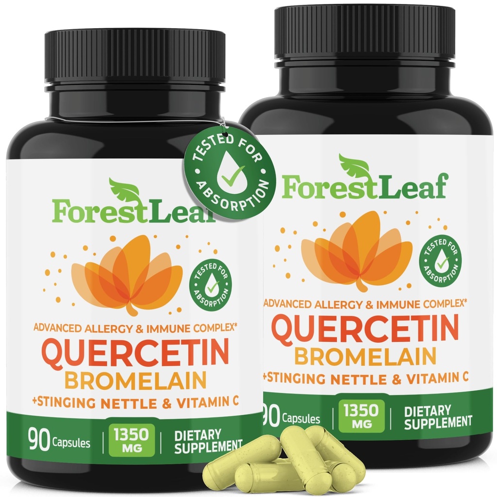 ForestLeaf Quercetin dengan Bromelain - 1350mg Blend dengan Vitamin C & Slinging Nettle, Advanced Quercetin 500mg Suplemen, Non-Gluten Bebas, Natural Immune & Repiratory Fungsi 180 Vevake Capsules