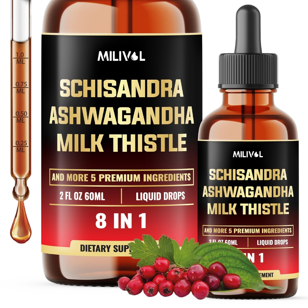 8in1 Schisandra Berry Drops with Milk Thistle, Ashwagandha, Rhodiola Rosea, Holy Basil, Artichoke, Dandelion Root & Turmeric Curcumin - 2 Fl Oz for 2 Month Suppply