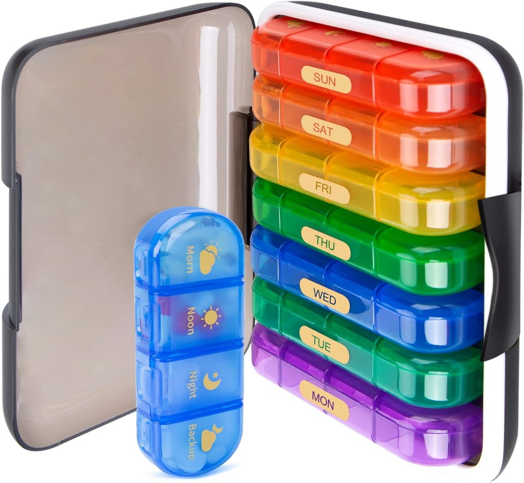 MURRI & MURRDI 7- Day Pill Organizer dengan 28 Cells, Kasus Weekly Pil Besar untuk 4 Daily Comments, Kotak Pil Bukti-Bukti untuk Vitamin, Kesehatan, Suplemen, Multi- Warna