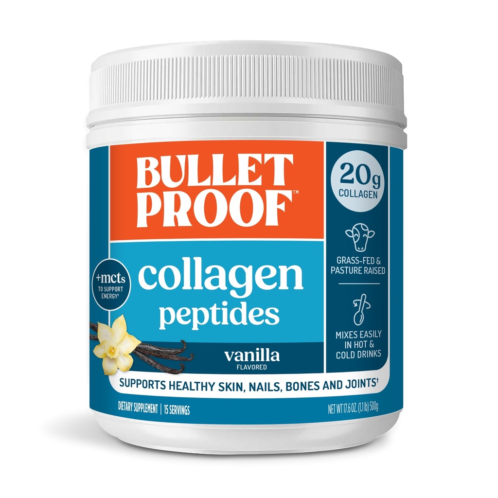 Bulletproof Vanilla Collagen Peptides Powder dengan MCT Oil, 17,6 Ounces, Grass-Fed Collagen Protein untuk Skin, Bones dan Joints
