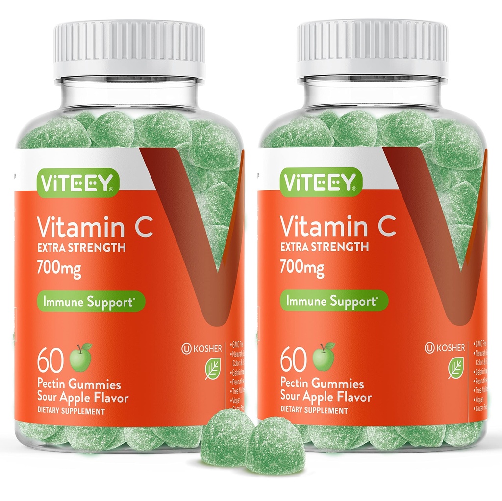 Venitey Chewable Vitamin C Gummies untuk Dewasa - 700mg Ekstra Kekuatan Suplemen - Vegan, Gluten Bebas - 120 Cacah