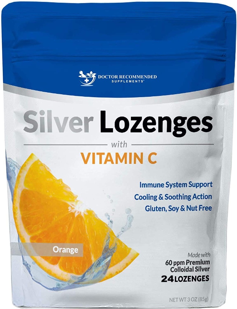Silver Lozenges dengan Vitamin C - Premium Nano Silver 60 PPM Colloidal Silver, Organ Honey dan Vitamin C Mineral Drops untuk mendukung Imune System, Soothe Cough & Throat - 24 Orange Lozenges