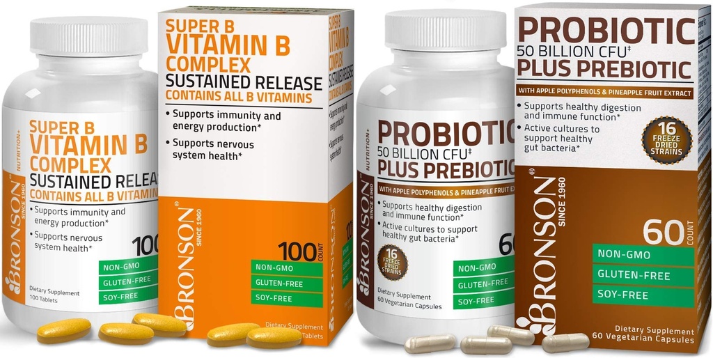 Bronson Probiotic 50 Billion CFU + Prebiotic with Apple Polyphenols & Pineapple Fruit Extract + Vitamin B Complex Subcanded Rilis