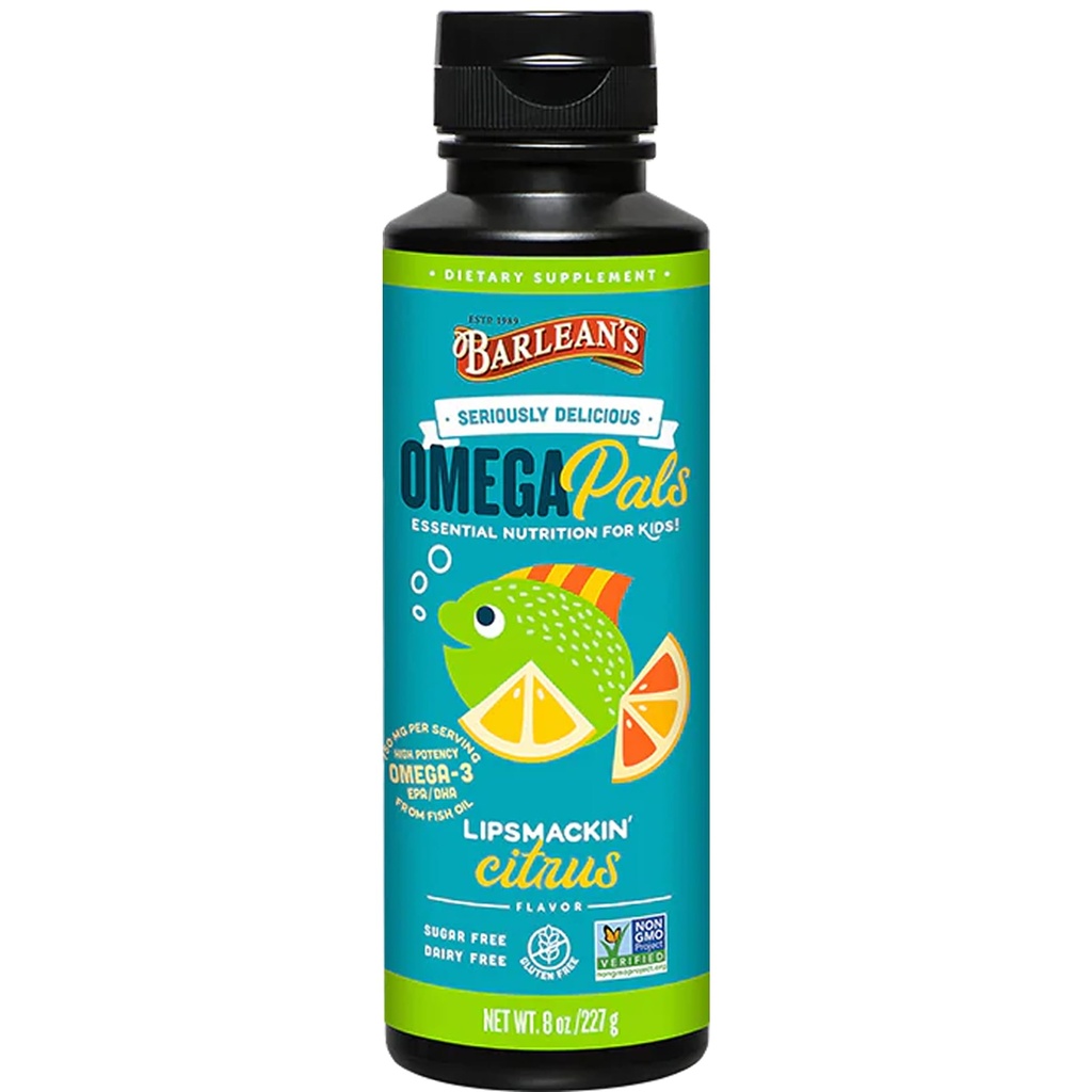 Omega Pals Barlean Lipsmackin 'Citrus Flavored Omega-3 untuk Anak-anak, Yummy Children' s Liquid Oil Suplemen dengan 750 mg EPA & DHA untuk Otak & Eye Health, 8 oz