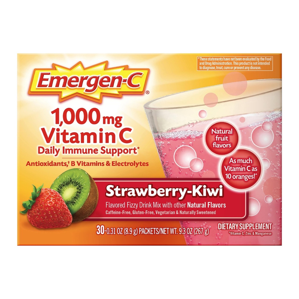 Emergen- C 1000mg Vitamin C Imune Supder Strawberry Kiwi 30CT termasuk Zinc, Manganese, 7 B Vitamin dan Electrolite untuk Kembali ke Esensial Sekolah