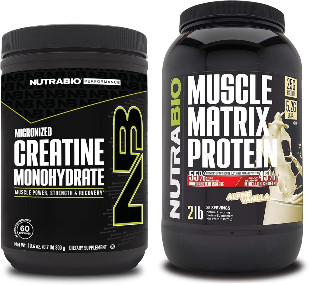 NutraBio Creatine Monohydrate, Unhafeed, (300 g) dan Muscle Matrix Protein Powder, (Vanilla) Supplemen Bundle - Muscle Energy, Maximum Growth, Recovery, and Power