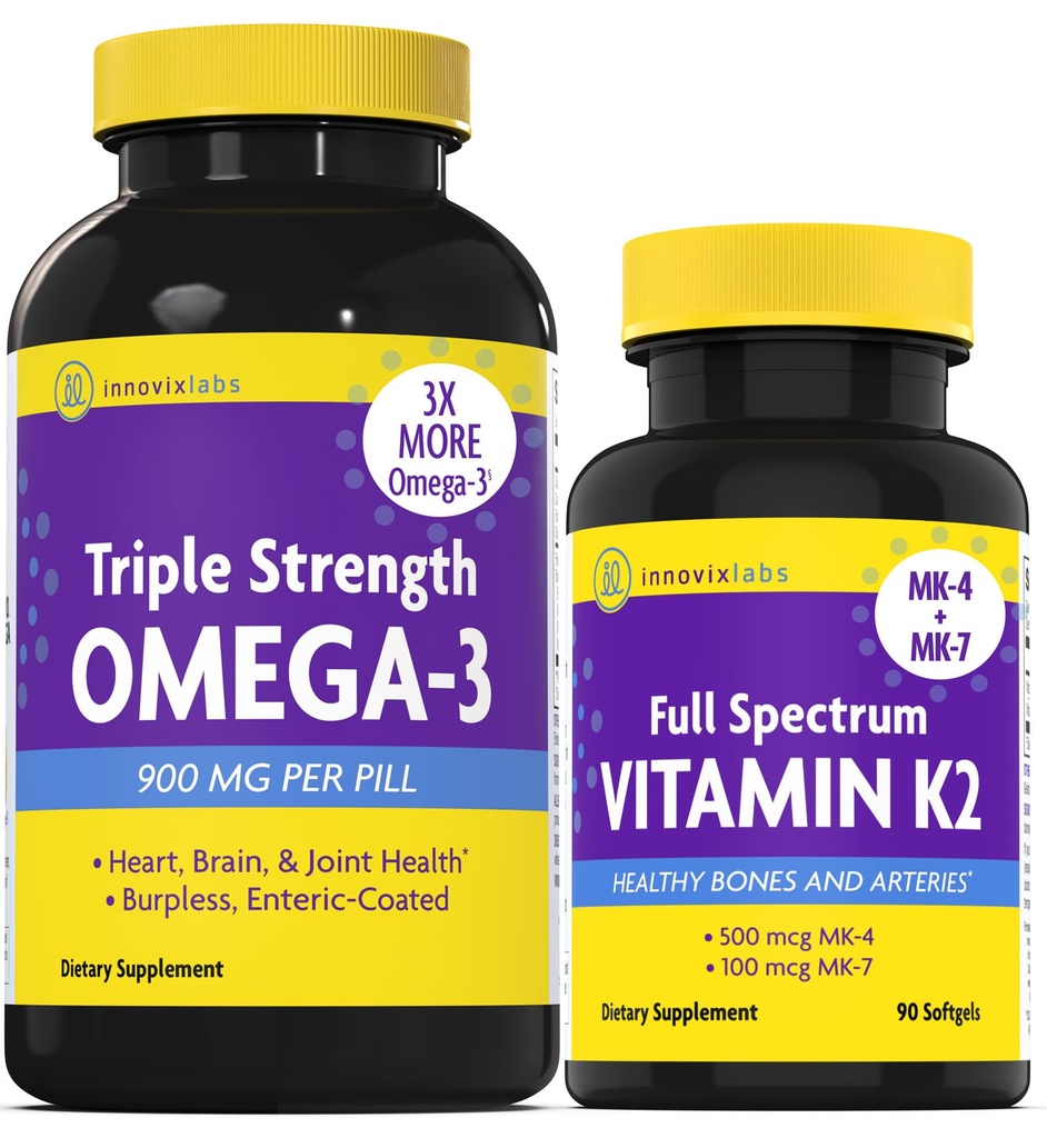 InnovixLabs Vitamin K2 & Triple Omega Bundle Full Spectrum Vitamin K2 (90 Softgels) Triple Power Omegaga- 3 Fish Oil (200 Softgels). Mendukung Healthy Bones, Arress dan Joints. *