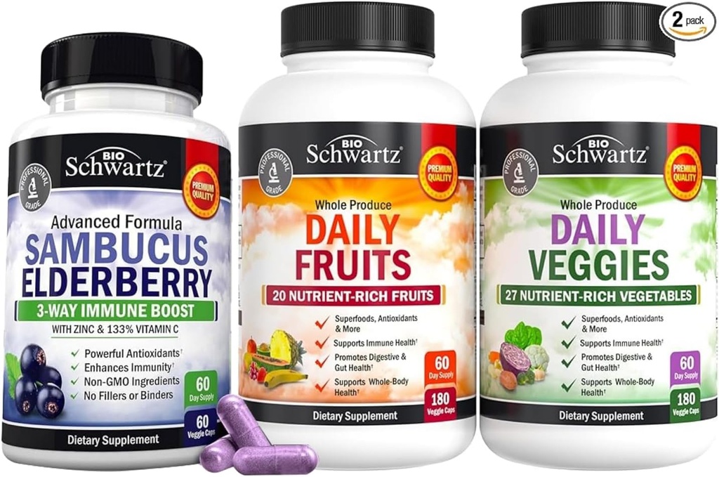 BioSchwartz Daily Fruits and Vegies Supplement for Women and Men (2 Month Supply) Plus Elderberry with Zinc and Vitamin C for Dewasa Imune Dupport (2 Bulan Suply)