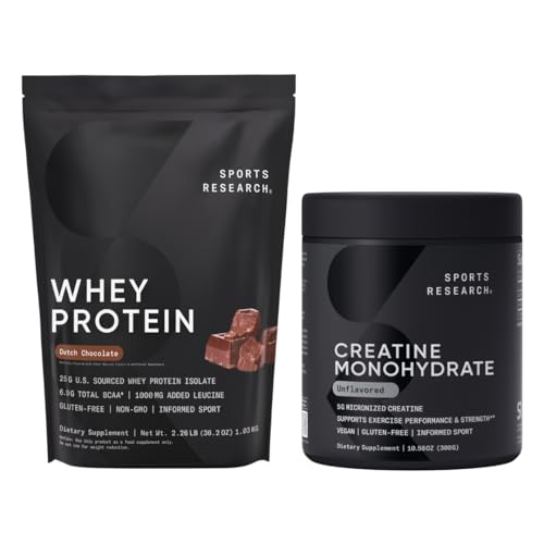 Penelitian Olahraga ® Creatine Monohydrate (10.58 oz) dan Dutch Chocolate Whey Protin (2 pon), The Dynamic Duo for Lean Muscle Building, Improved Performance and Power & Workout Recovery