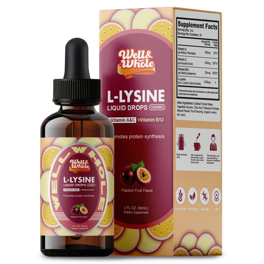 L-Lysine Tambahan Liquid Drops 126; L-Lysine 1000mg Taincture dengan Vitamin A, C, dan B12 untuk dewasa & Anak-anak & Anak-anak; Dukungan kekebalan, Skin & Lips Kesehatan, Collagen Sintesis 124; Non-GMO, Vegan, 2 Fl Oz (60 ML)