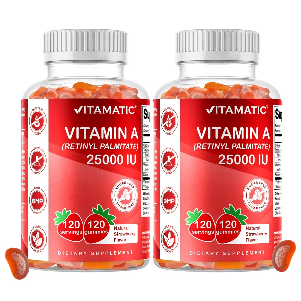 Vitamatic Sugar Free Vitamin A 25000 IU Gummies (Retinyl Palmitate) - Natural Strawberry Flavor - 120 Pectin Based Gummies (2 Botol)