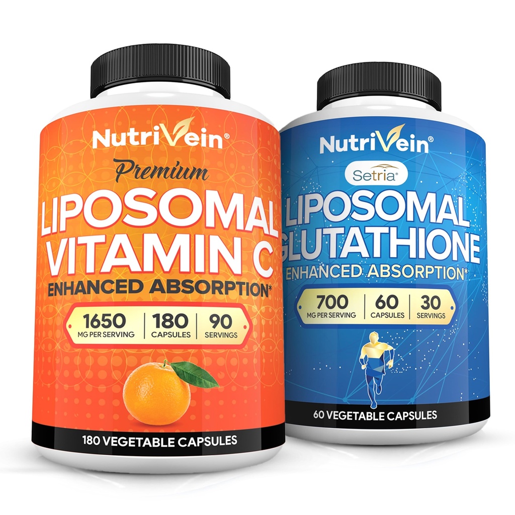 Nutrivena Premium Lipomadal Vitamin C 1650mg & Lipomal Glutathione Bundle - Acid Absorpsi Tinggi Plus Master Antioksidant & Liver Cleanse - Non-GMO, Vegan / Vegetarian - 180 + 60 Capsules