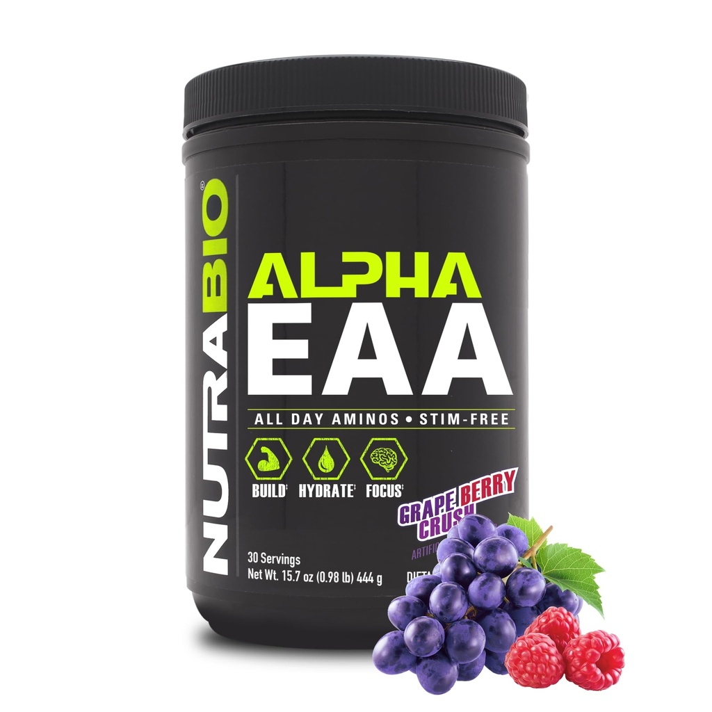 NutraBio EAAA - All- Day Amino Acids for Muscle Growth and Hydration - Espino Amino Acids with Nootropics & Adaptogens - Full Spectrum EA BCAA Quoder - 30 Servings - Grape Berry Crush