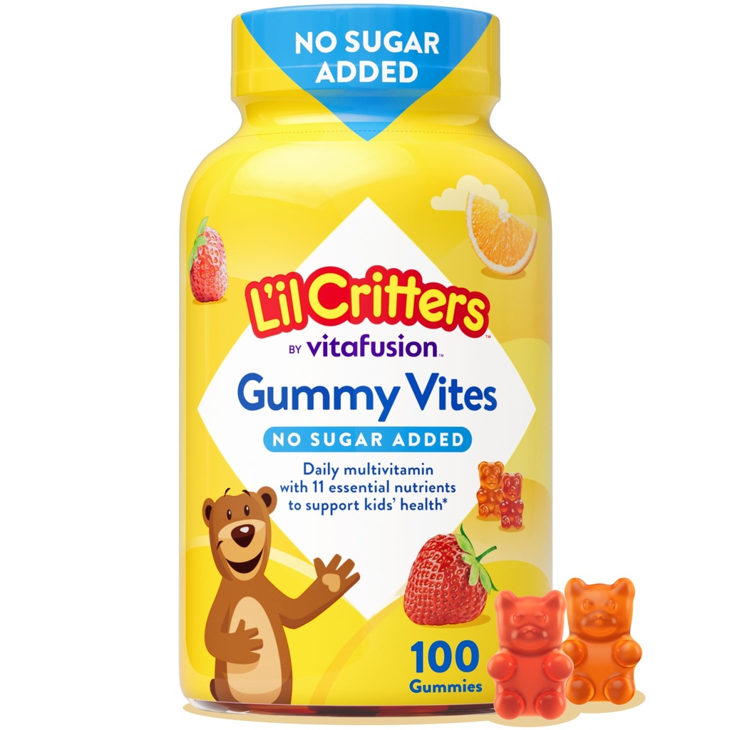 L 'il Critters Gummy Vites No Sugar Ditambahkan Daily Gummy Multivitamin for Ages 2 + Toddlers & Kid, Vitamin C, D3 for Imune, Strawberry and Orange Flavors, 100 Gummies