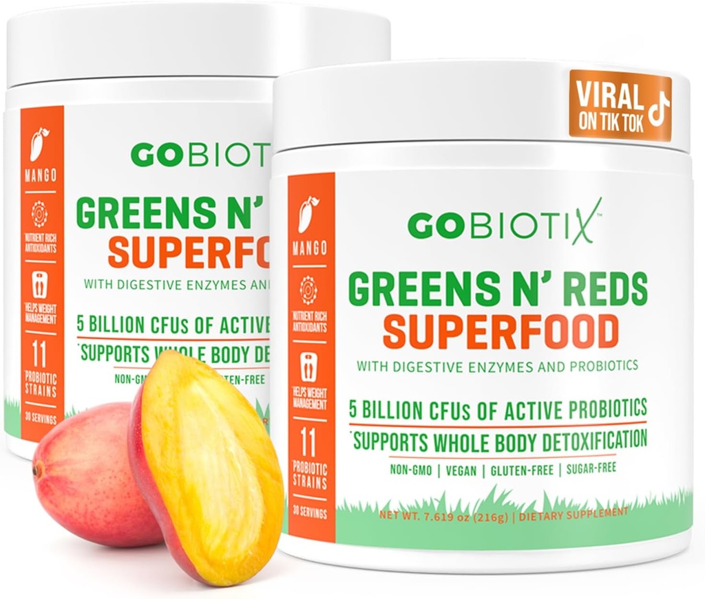 GOBIOTIX Super Greens and Reds Powder - Red and Green Superfood - Probiotic Suplemen - Digetical Enzymes dan Beet Root Powder - Organic Whole Foods Diet Supplemen (Mango, 2 Pack)