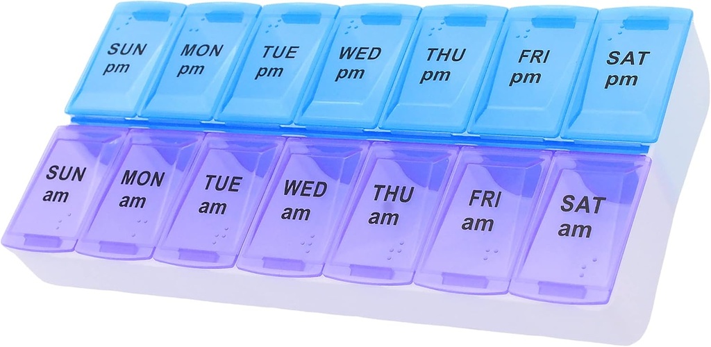 7 Day Weekly AM PM Pill Organizer, ShysTech Large Pill Case Box for Pills Vitamin Suplemen Medication (Purple / Blue)