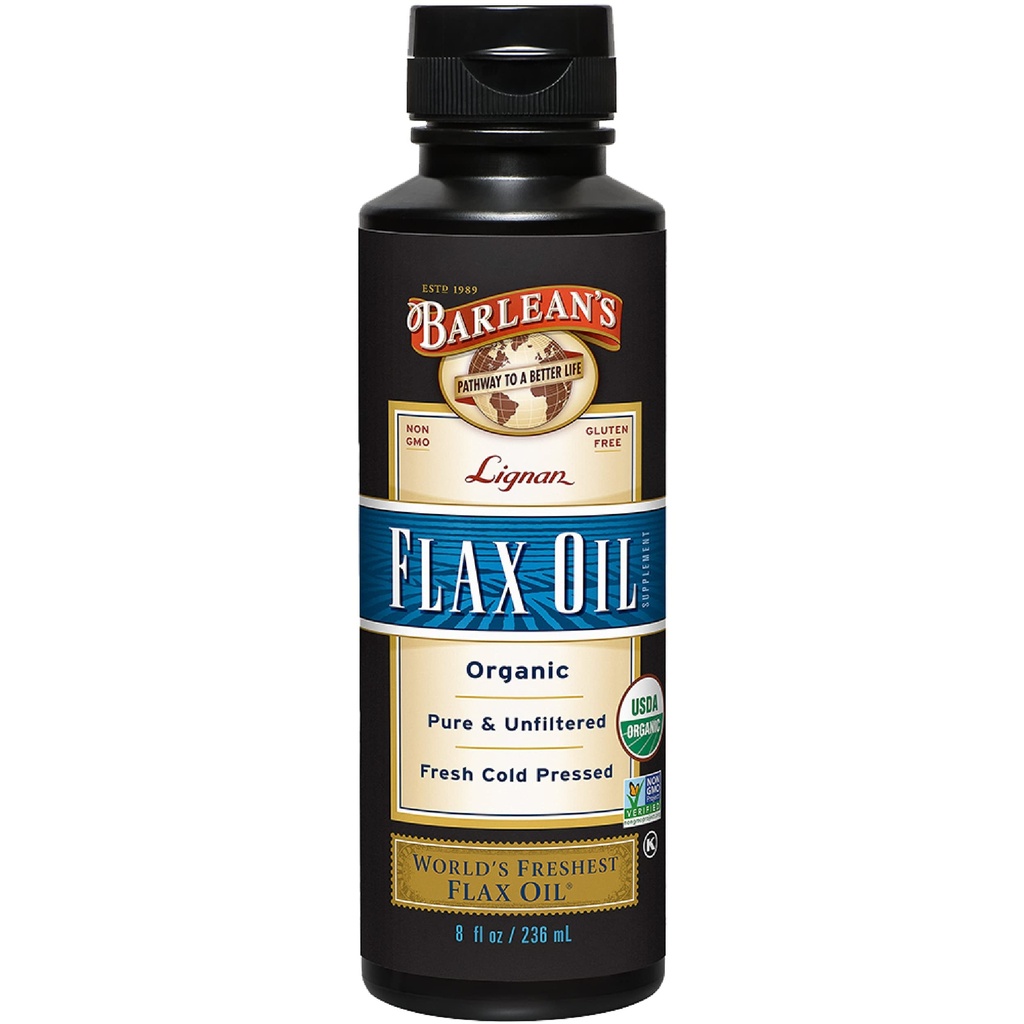 Barlean 's Organic Lignan Flaxseed Oil Liquid Suplement of Cold Press Flax Seeds, 7.230 mg ALA Omega- 3 Fatty Acids for Skin and Hair Care, Vegan & Gluten Free, 8 oz