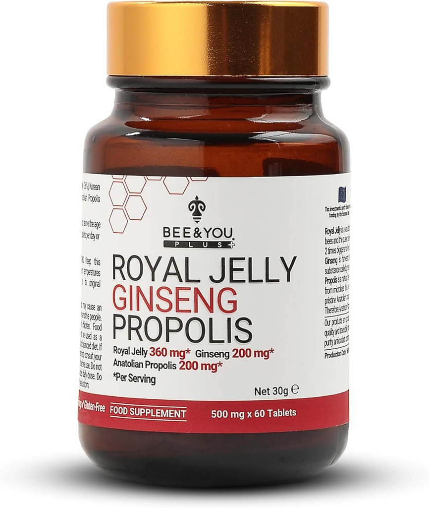 Bee and You Royal Jelly with Ginseng Tablet, Propolis Extract, 60ct, 100% Natural Superfood, Ultra Pure, Ammune Supplemen, Antioksidan, Keto, Paleo, Gluten-Free