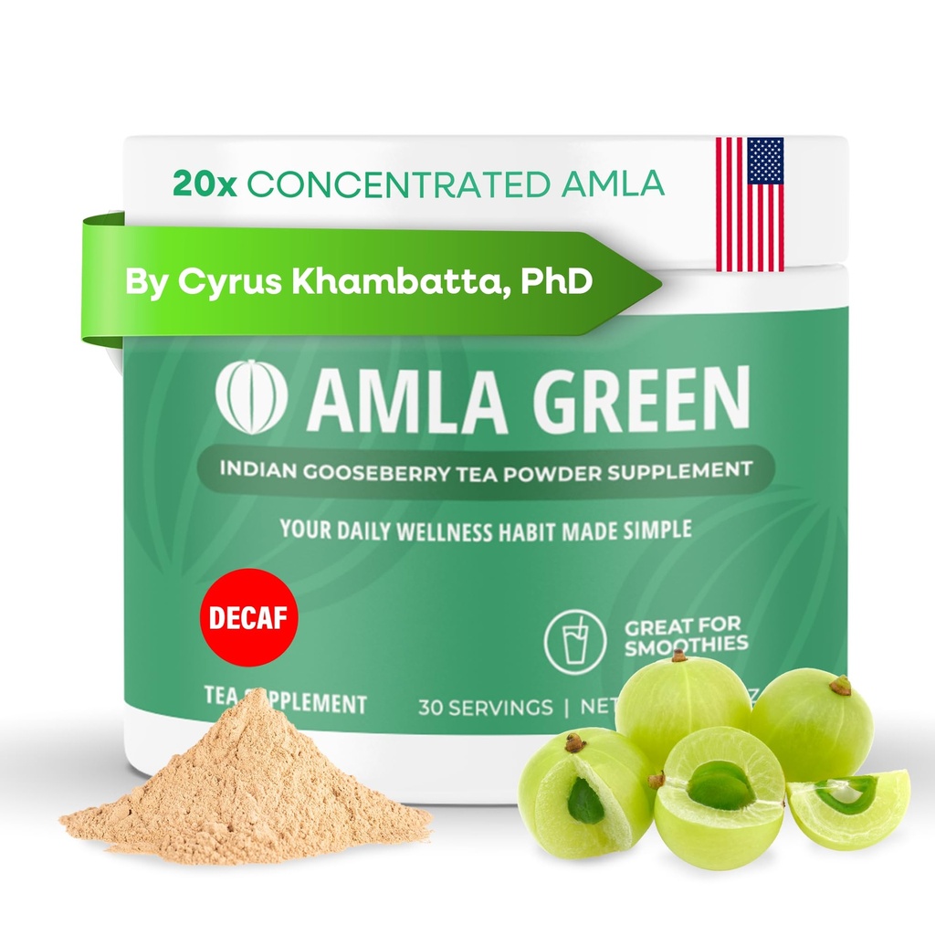 Amla Powder & Decaf Green Tea Superfood Suffood Suplement, 20x Ultra berkonsentrasi Amla, Antioksidant Dukungan, Dibuat dengan Teh Oolong dan Indian Goseberries, Organik, Vegan, Decaf, 30 Servings
