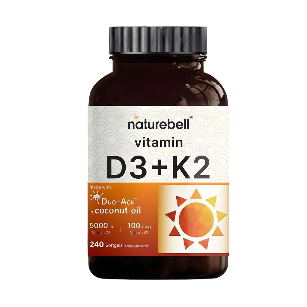 NatureBell Vitamin D3 5.000 IU + K2 100 mcg, 240 Softgels 124; Harian 2 -1 Formula-Formula Oil Virgin 124; Bone, Heart & Imune Dukungan 124; MK-7 Form 124; Non-GMO, Gluten- Free