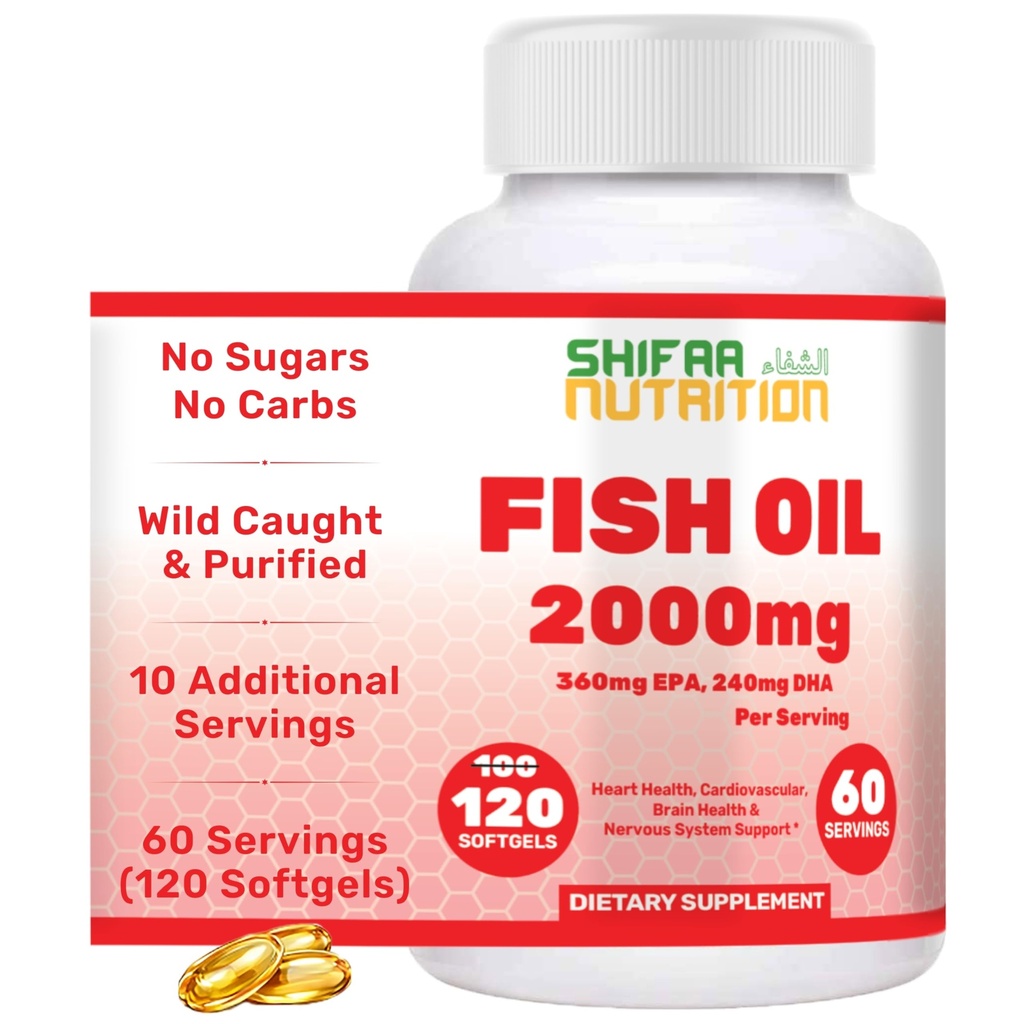 SHIFAA NUTRITION Halal Fish Oil 2000mg Softgels dengan 360mg EPA & 240mg DHA. 100 Wild Caught & Nun-GMO Omega 3 Softgels for Heart & Brain Health. Burpless, Easy- to- Swallow Fish Oil Omega 3 Suplemen