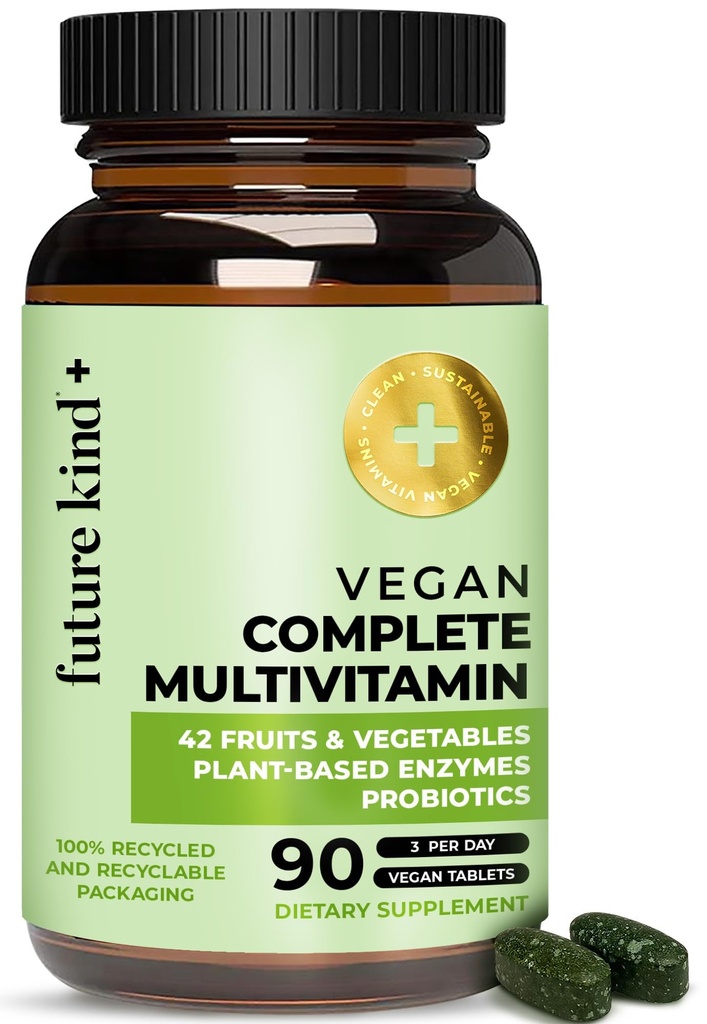 Vegan Multivitamin Masa Depan Lengkap - 42-in- 1 Vegan Multivitamin untuk Perempuan & Pria dengan Enzymes, B12, Zinc, & Progories for Ditraffic (90 tab dalam Bottle Recyled)