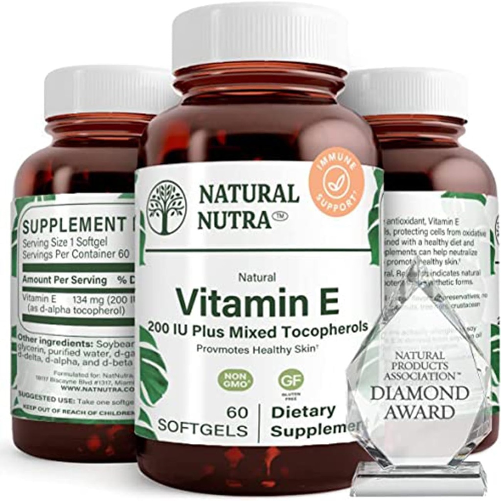 Natural Nutra Vitamin E 200 IU Suplemen untuk Skin, Rambut dan Nails, Kesehatan Jantung Procept, Membantu Mengurangi Ketahanan, Membantu Mencegah Texture Skin, Proposed Immune System, Gluten Bebas, 60 Softgels