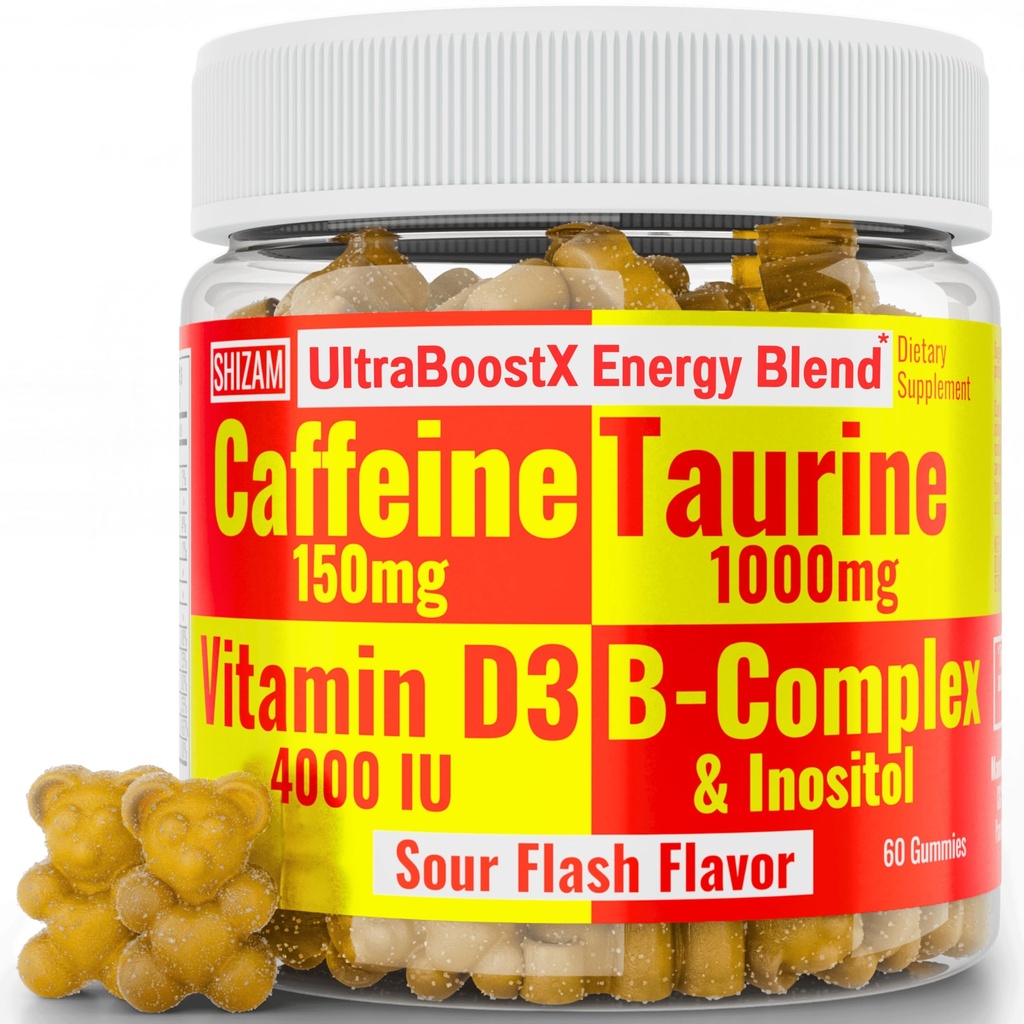 SHIZAM Taurine 1000mg Caffeine 150mg Energy Gummies w D-3 B12 B Complex Inositol, Gel Gels Vitamin Minuman Capsules Shot Chews Powder Allt, Pelari Tambahan
