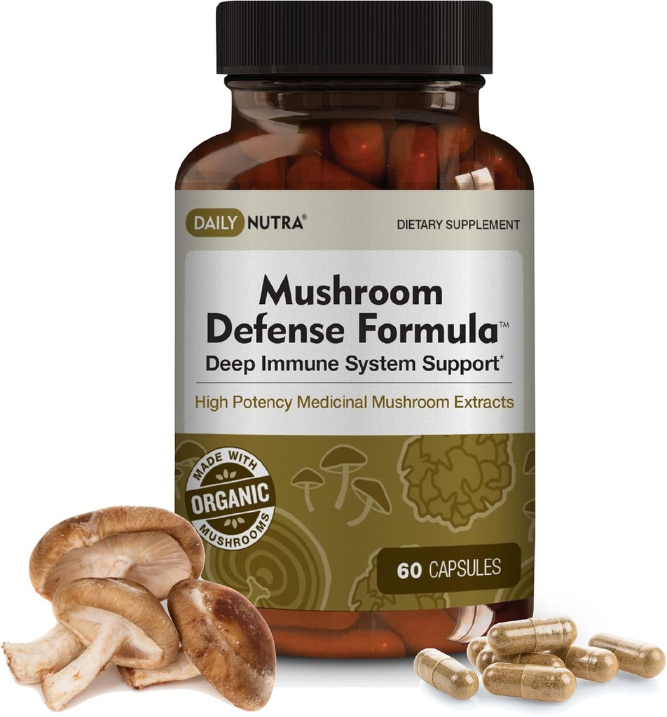 DailyNutra Mushroom Defense Formula - Suplemen Dukungan Imune; Jamur Organik, Air Panas Diekstrak - Reishi, Chaga, Maitake, Tail & Turki (60 Kapsul)