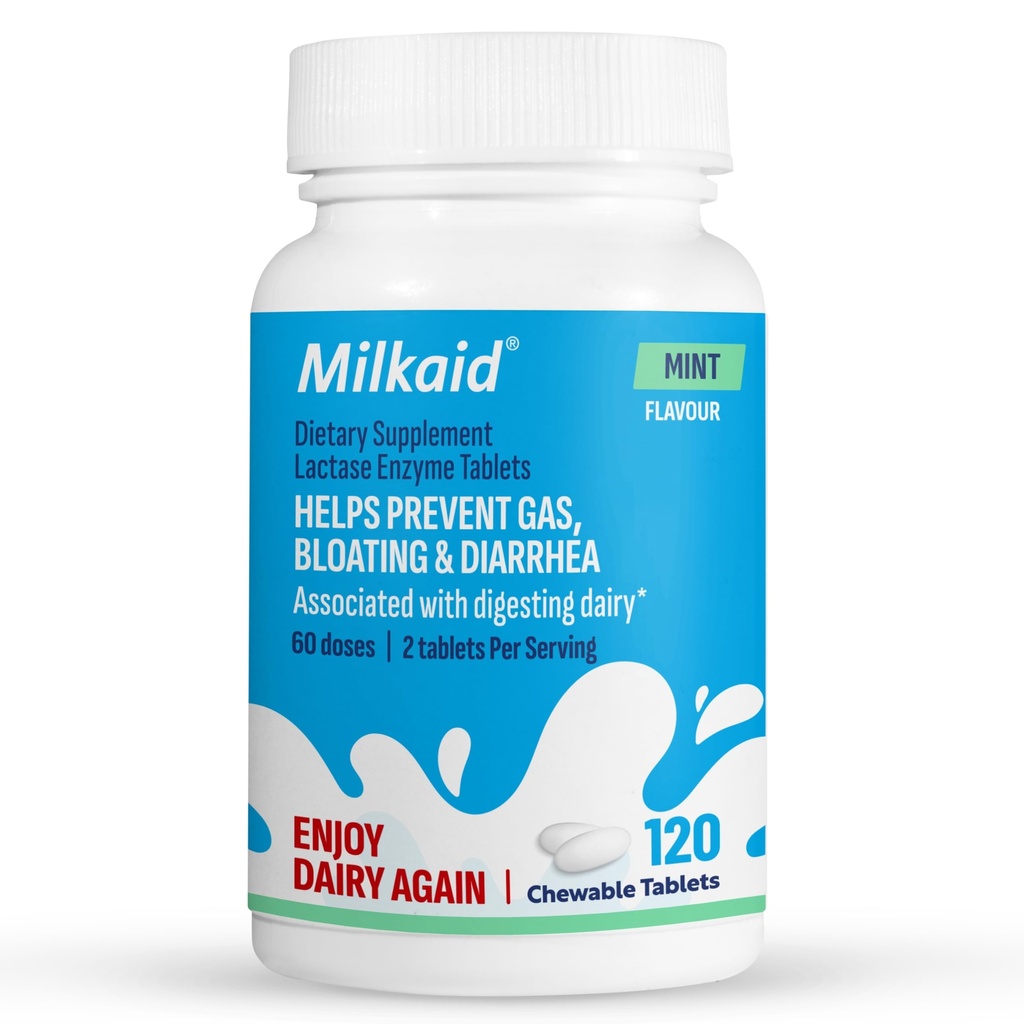 Milkaid Lactase Enzyme Tablet Chewable for Laktosa Intoleransi Relief 124; Prevents Gas, Bloating & Diwana 124; Fast Acting Dairy Digevive Suplemen (120 Tablet, Mint)