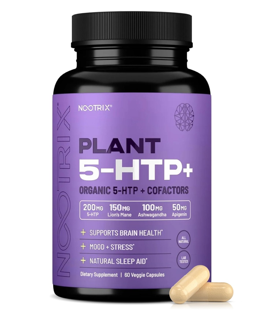 Nootrix Organic Plant 5 HTP + Tambahan: 124; Supports Memory, Mental Focus, Cognitive Health & Energy 124; Promotes Healthy Mood & Brain Fungsi 124; Vitamin B6 & L Theanine 124; 60 Capsules