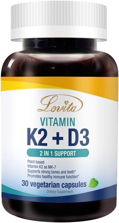 Lovita Vitamin K2 + D3, 400 IU Vegan Vitamin D3 & 120 mcg Vitamin K2 (MK-7), 2 in 1 Formula, Ammune Vitamin Complex, 30 Vegetarian Capsules