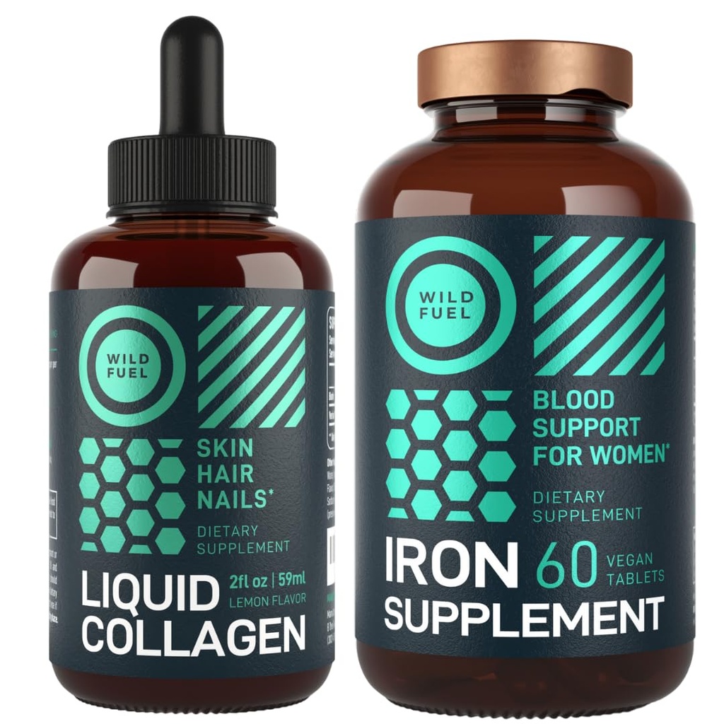 WILD FUEL Iron Supplement for Women with Folic Acid and Liquid Collagen Peptides with Biotin Girls Health and Beauty Bundle