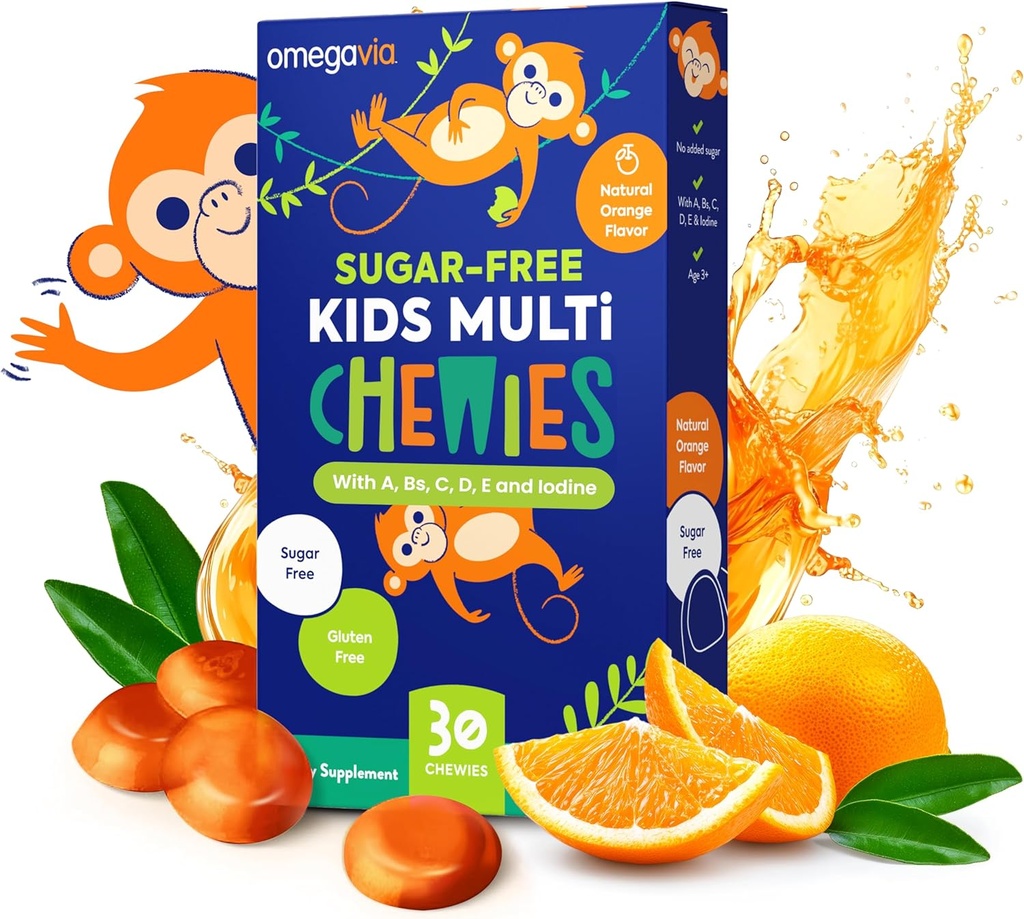 OmegaVia Sugar Free Kids Multivitamin Chewies - Daily Chewable Gummy Vitamin untuk Anak 3 +, Vitamin A, C, D3, E, B6 & B12, Lebih, Natural Orange Flavor, 30 Count