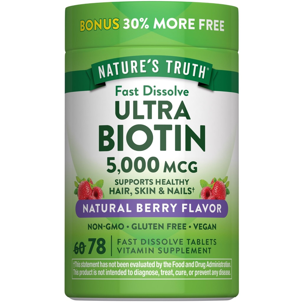 Nature 's Truth Biotin 5000mcg 124; 78 Fast Dissolve Tablets 124; Natural Berry Flavor 124; Vegan, Non- GMO, Gluten Free