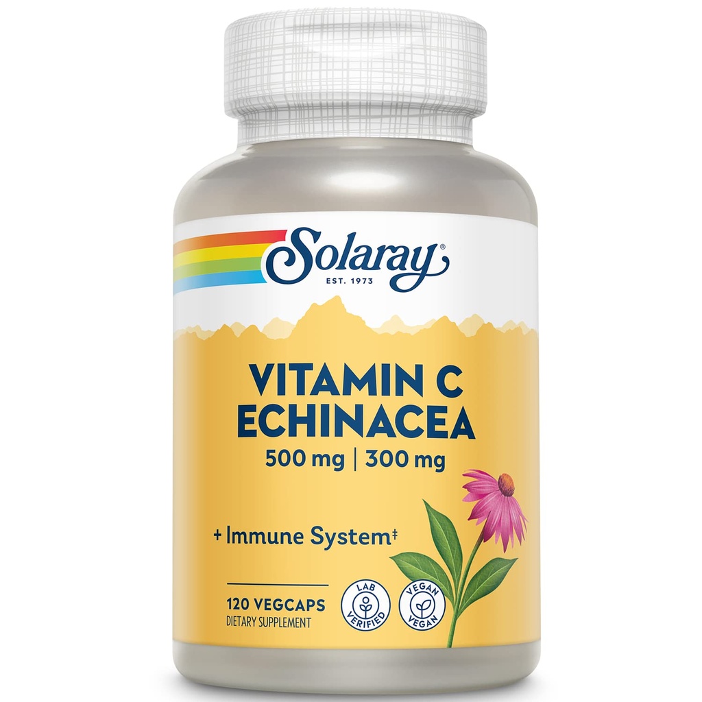 SOLARAY Vitamin C & Echinacea Root 124; Healthy Ammune System Support w / 500 mg VIT C & 300 mg Echinacea Per Capsule 12.4; Non-GMO & Vegan 124; 120 VexCaps