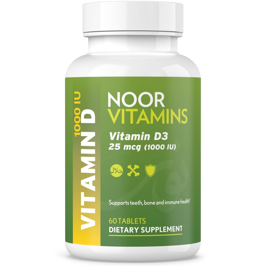 Noor Vitamin Halal Vitamin D, Halal Vitamin D3, 1000 IU Tablet, Support Bone, Imune & Heart Health, Non-GMO, Gluten Free Halal (60 Count)