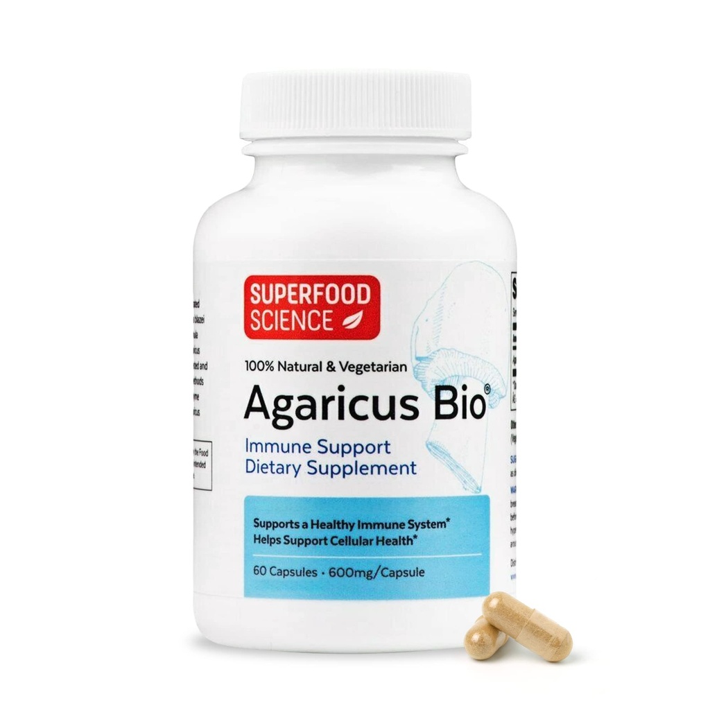 Agaricus Bio 600 mg, Natural Killer Cell Activity -USA- Grown Organic Agaricus Blazei Murill Mushroom for Immune Dukung, Liver & Cellular Health, Suplemen Glucan Tinggi Beta, 60 Caps