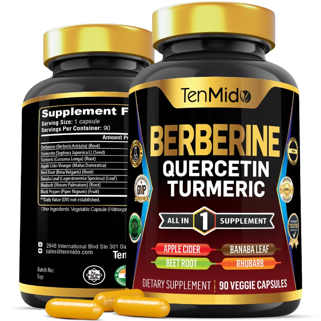 Suplemen Berberine untuk Pria dan Perempuan, 8in1 Formula dengan Quercetin, Turmeric, Apple Cider Vinegar, Beet Root & More - Digetical, Immune Dukungan - Rich in Nutrient - 90 Capsules